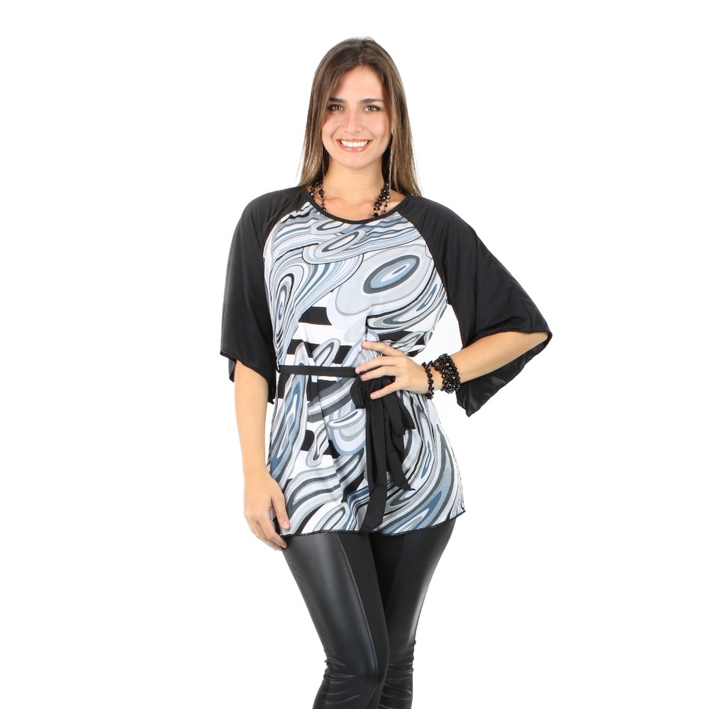 Black White Swirl Sleeve with Belt Blouse